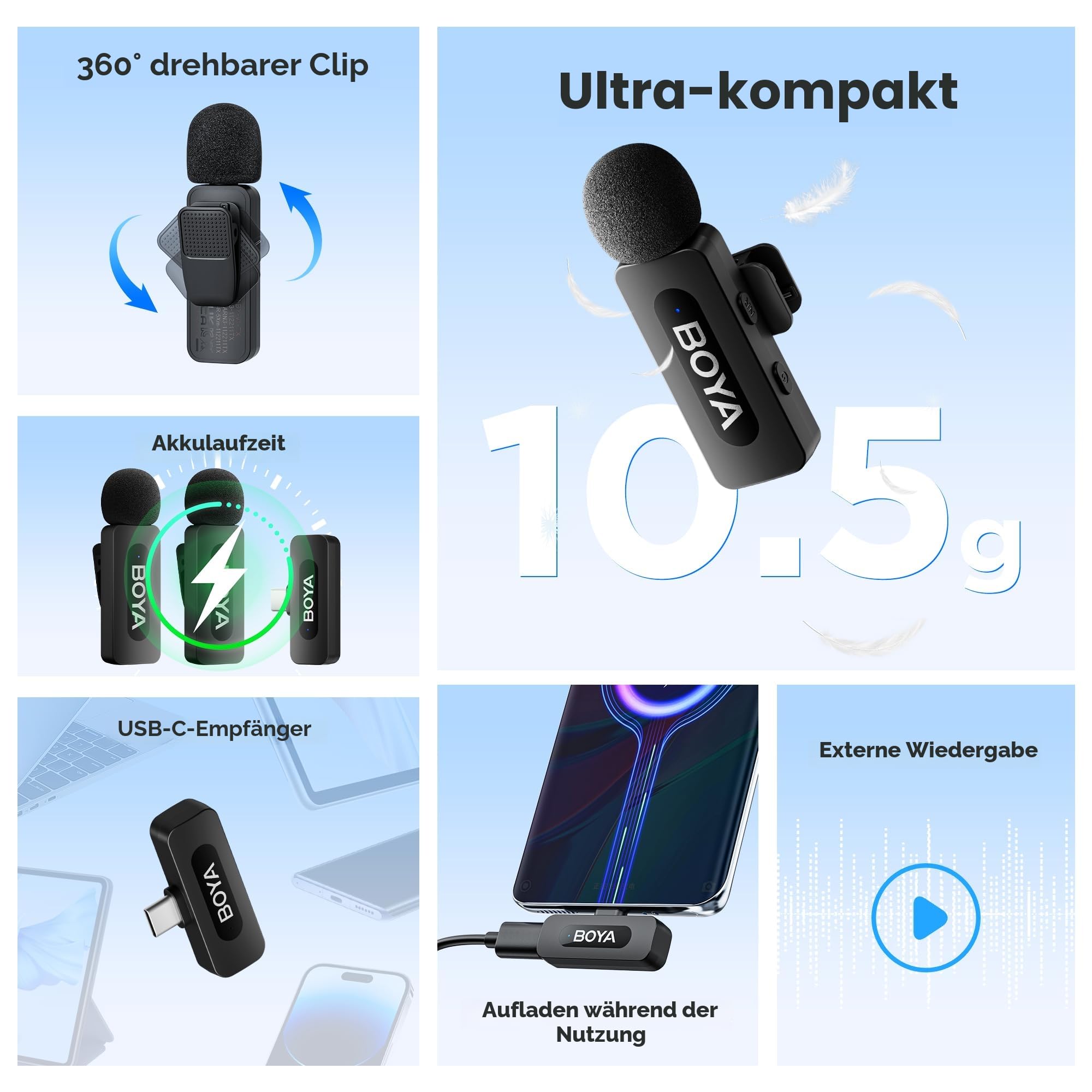 BOYA BY-V20 USB-C kabellos Mikrofon Handy, Mini Ansteckmikrofon mit Android Typ-C Smartphone iPhone 15/16, 100m Reichweite, für YouTube, Podcast, Facebook, Vlogging Aufnahmen Interview