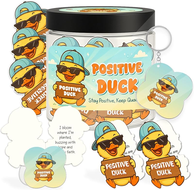 Pote de vidro FRAGAMORY com 60 cartões de frases positivas, suporte e chaveiro de pato