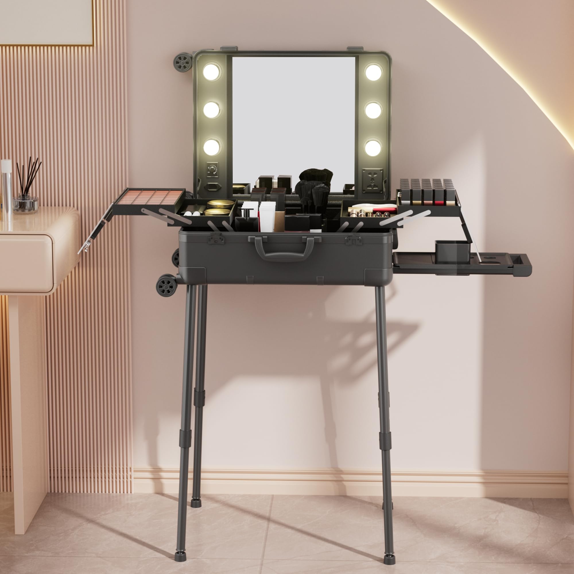 Valigia per il trucco con ruote in alluminio, grande specchio con 6 lampadine, organizzazione di cosmetici con serratura a codice, stazione per trousse trucco pieghevole per viaggio e studio