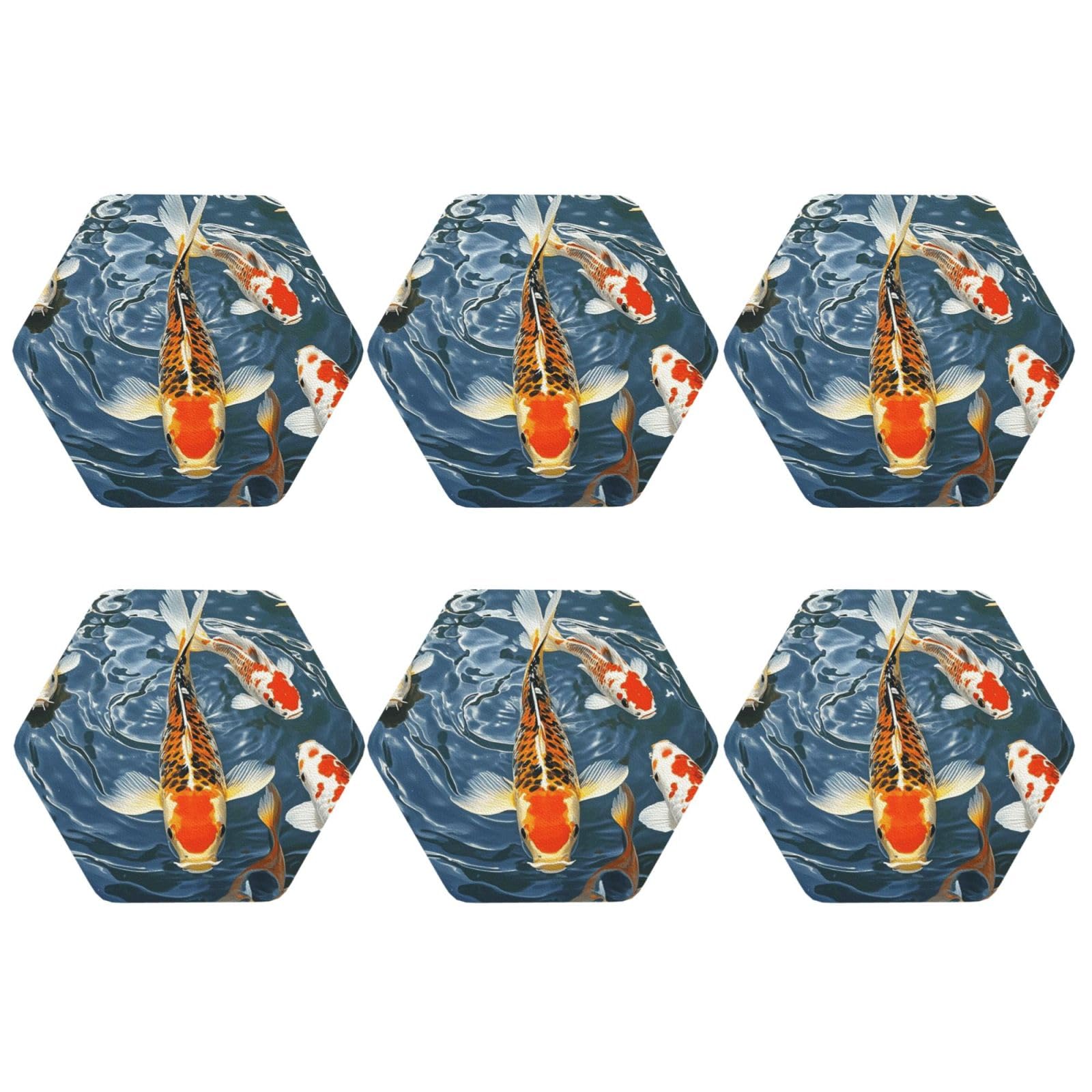 Coasters Set of 6 Waterproof Non-Slip Leather Drink Coasters Round Mug Mat Japan Fancy Koi Carp Fishes Coasters for Drinks Tabletop Protection Cup Pad for Coffee Table Bar Home Decor