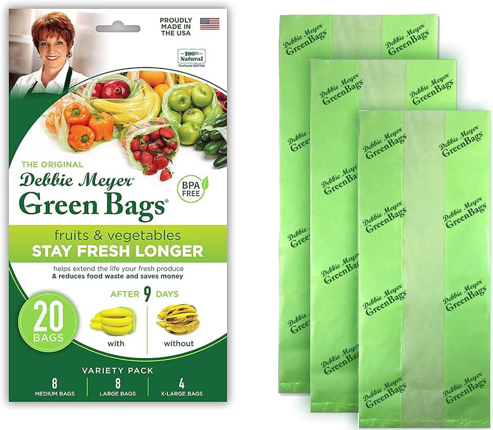 GreenBags 20-Pack (8M, 8L, 4XL) | Reusable Storage Bags Keeps Fruit, Vegetables, Produce, Cut Flowers Fresh Longer, Kitchen & Frid