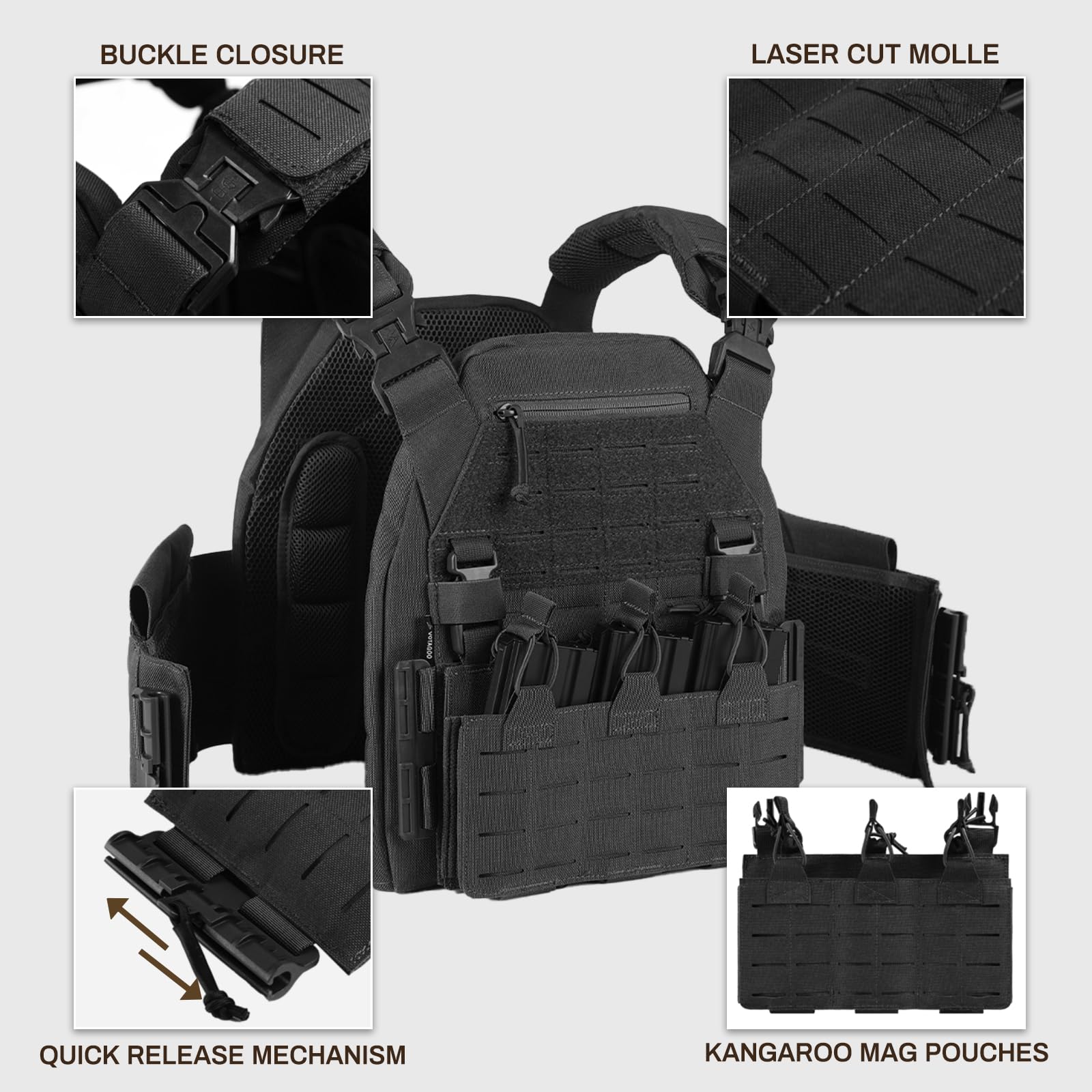 VOTAGOO Gilet tactique pour homme - Gilet militaire à bretelles - Gilet respirant - Paintball - Protège-poitrine