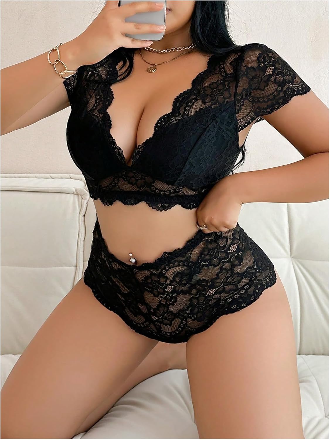 OYOANGLE Women's Plus Size 2 Piece Lingerie Set Lace Sheer V Neck Short Sleeve Bra and Panty - Image 2