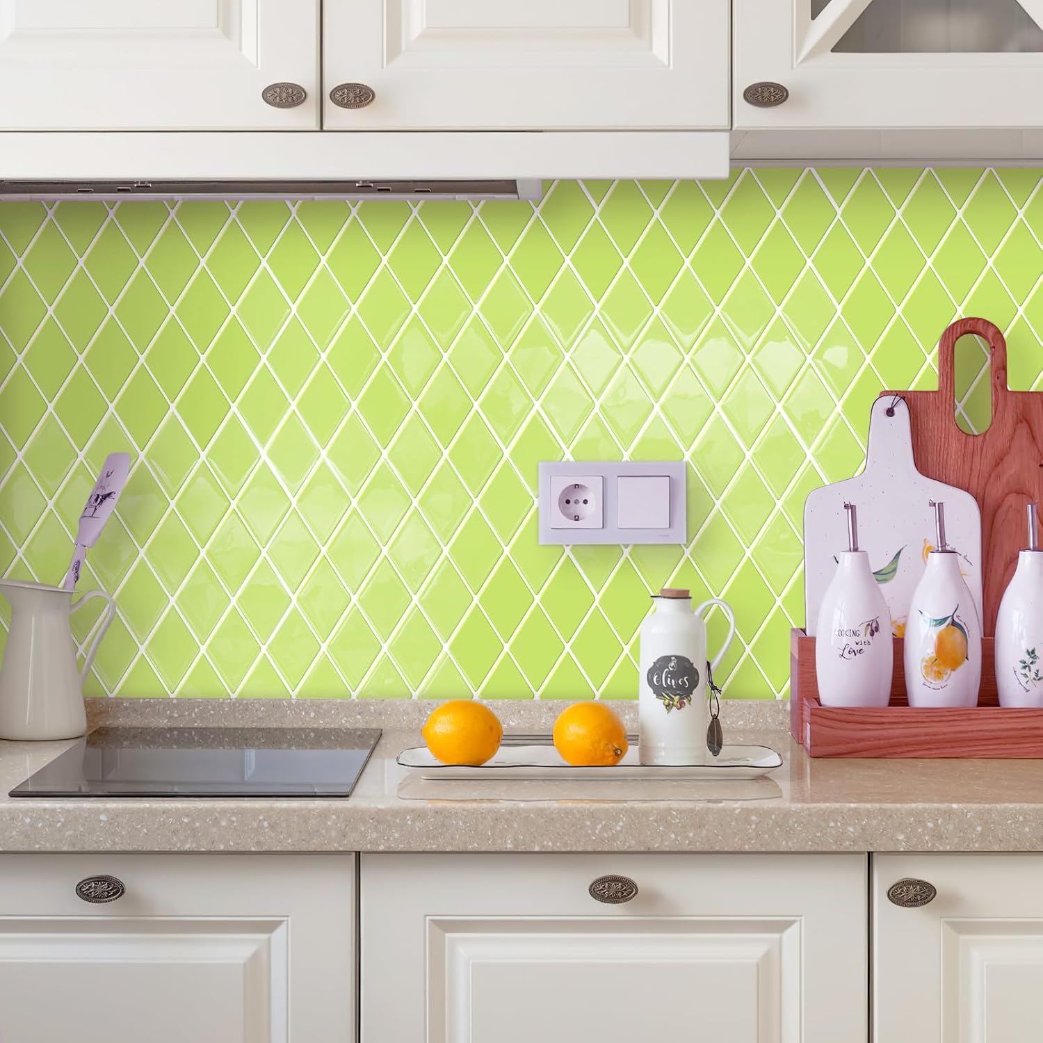 Peel and Stick Backsplash Diamond Pattern Stick on Backsplash Adhesive Tile for Kitchen Bathroom Accent Wall 12"x12", Lime Green - 5 Sheets