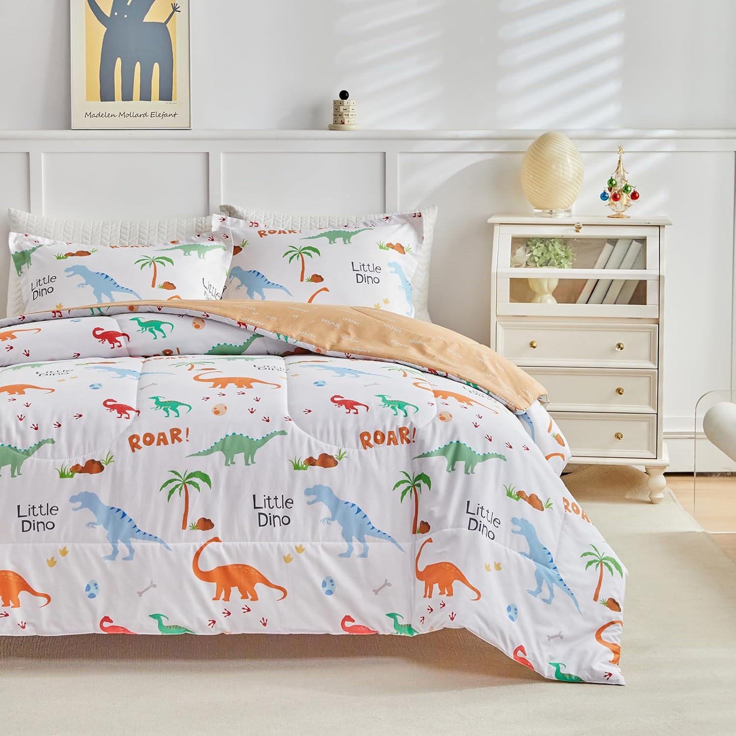Joyreap Cotton Comforter Set Queen, Colorful Dinosaurs Orange n White Design, 3pcs Kids Bedding Set for All Season- 88x88 inches - Image 2