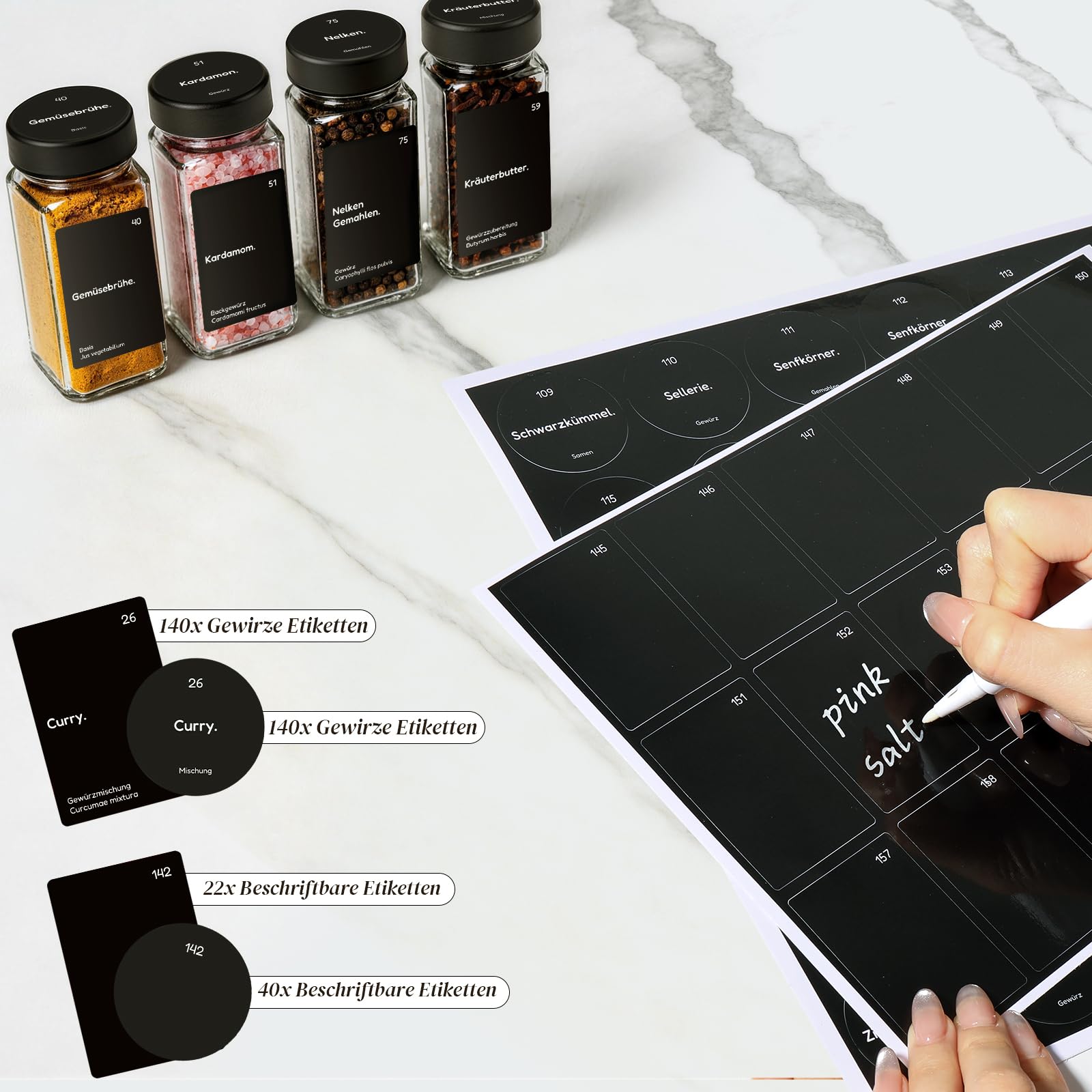 MHDCLY Lot de 36 bocaux à épices avec insert à saupoudrer - 120 ml - En verre avec couvercle noir - Avec 342 étiquettes (allemand) et entonnoir - Lot de pots à épices pour organisateur d'épices