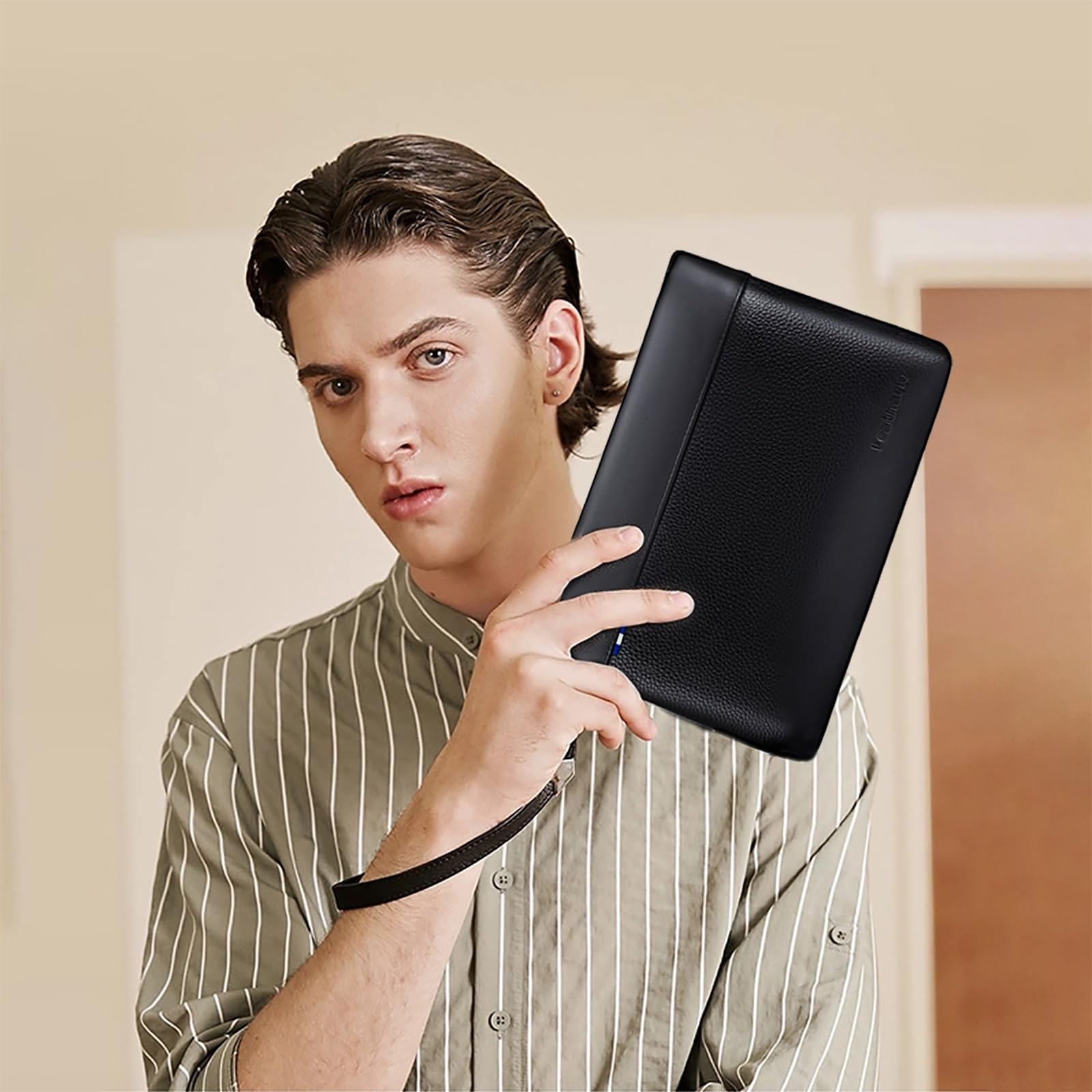 Leathario Pochette Homme Cuir Véritbale, Sacoche à Main Sac d'affaires Portefeuille, Petit Sac Hydrofuge Léger pour Voyage Loisir Bureau
