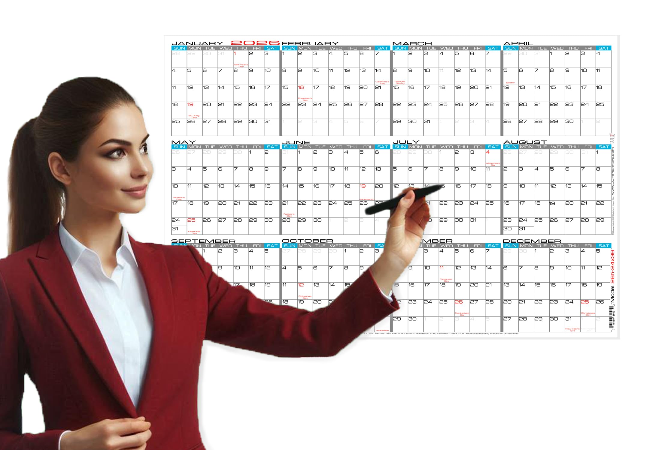 2026 Paper - 24" X 36" Large Erasable Wall Calendar - Horizontal 12 Month Yearly Annual Planner