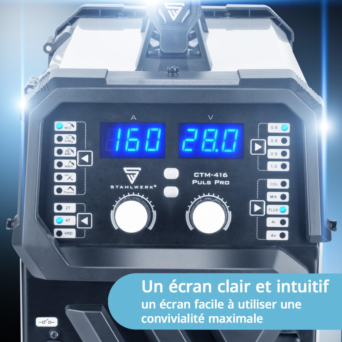 STAHLWERK Poste à souder combiné 6-en-1 CTM-416 Puls Pro – CUT, TIG, MIG/MAG, PULSE, MMA (ARC), FLUX jusqu'à 160 A, découpeur plasma jusqu'à 40 A, amorçage HF, fonction Pulse, dévidage de fil, LED