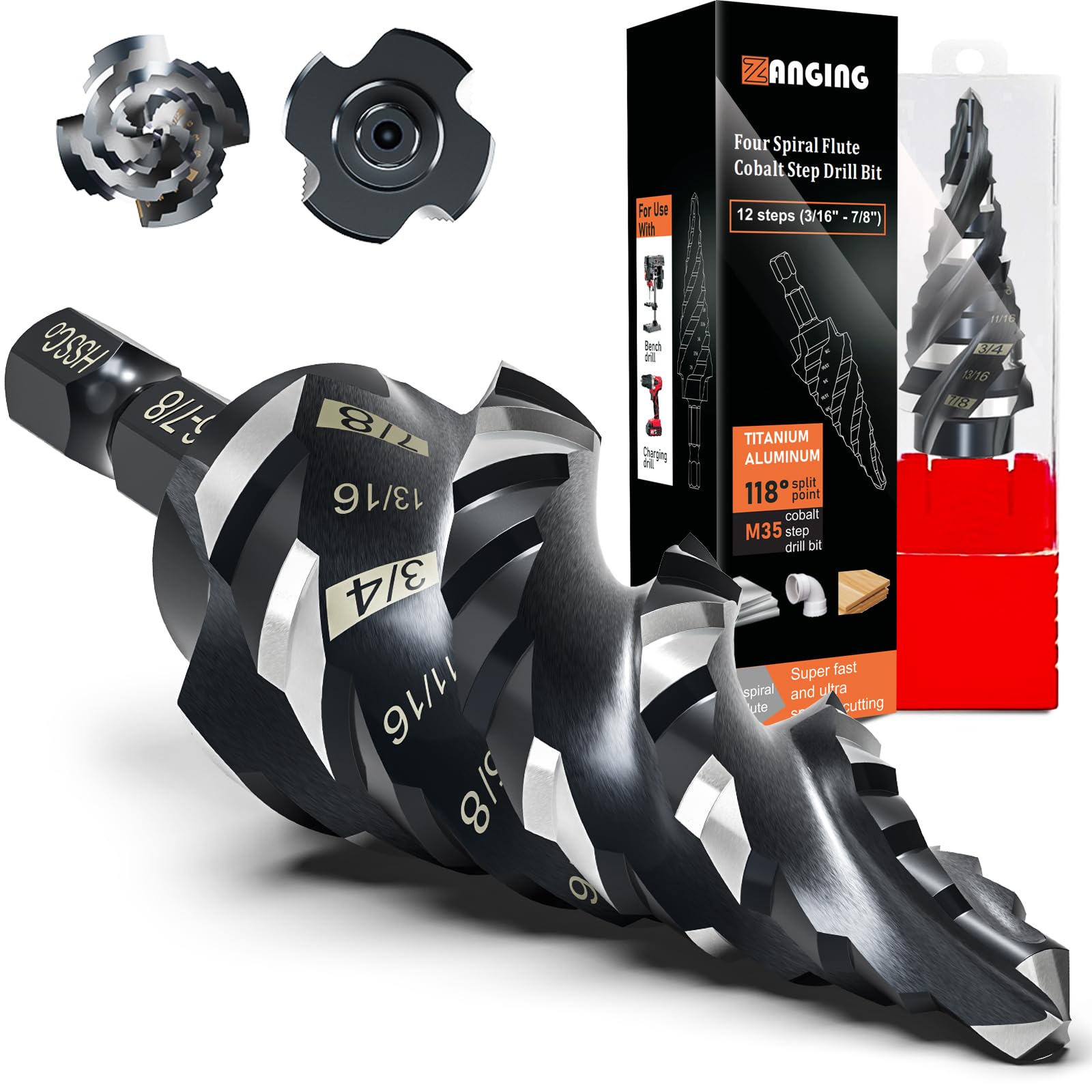 Four Spiral Flute Step Drill Bit for Metal,M35 Cobalt Unibit Step Drill Bit Set 3/16" - 7/8"(12 Sizes),Wear-Resistant AlTiN Coated,1/4" Hex Shank for