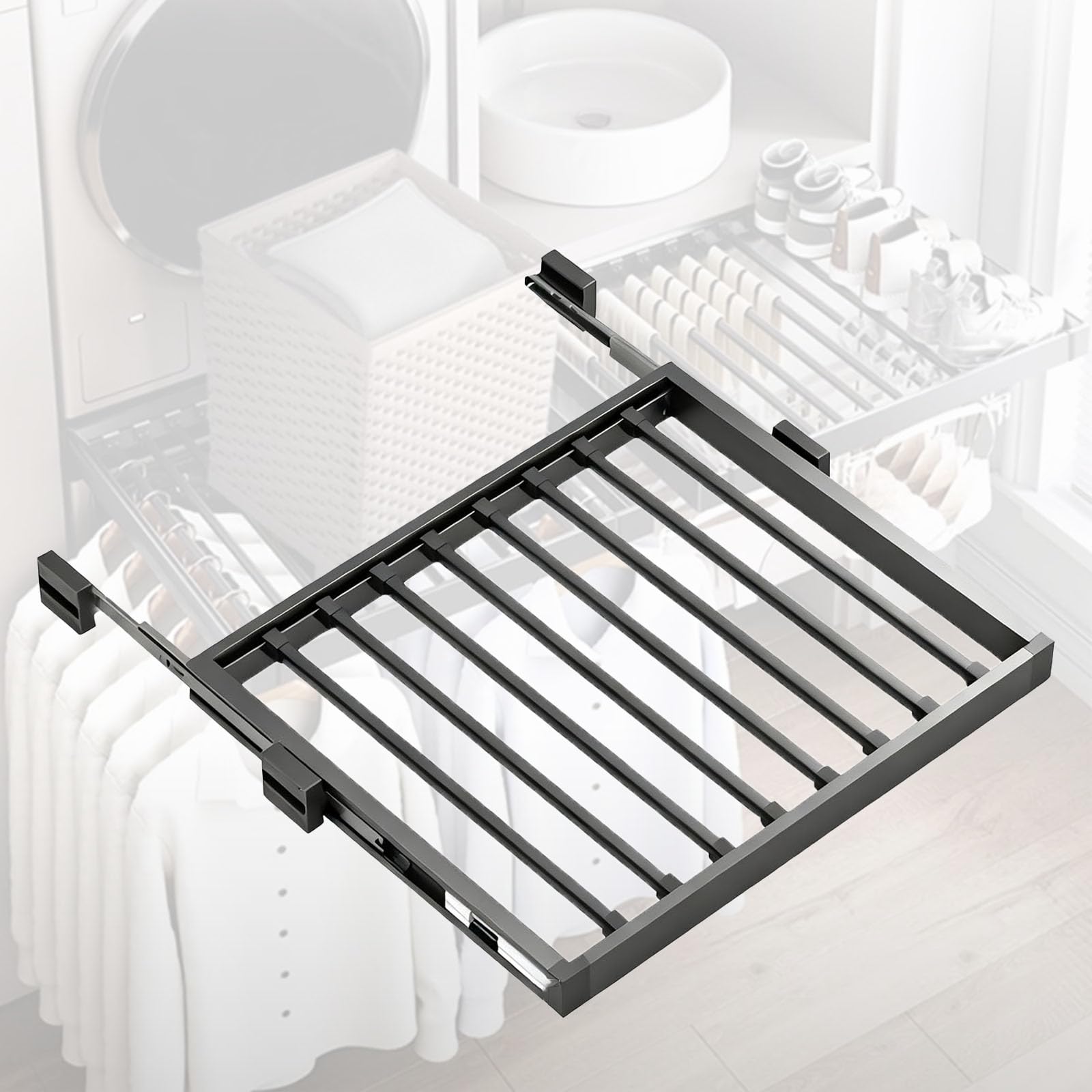 Séchoir à linge suspendu avec étagère à pantalons extensible en aluminium brossé