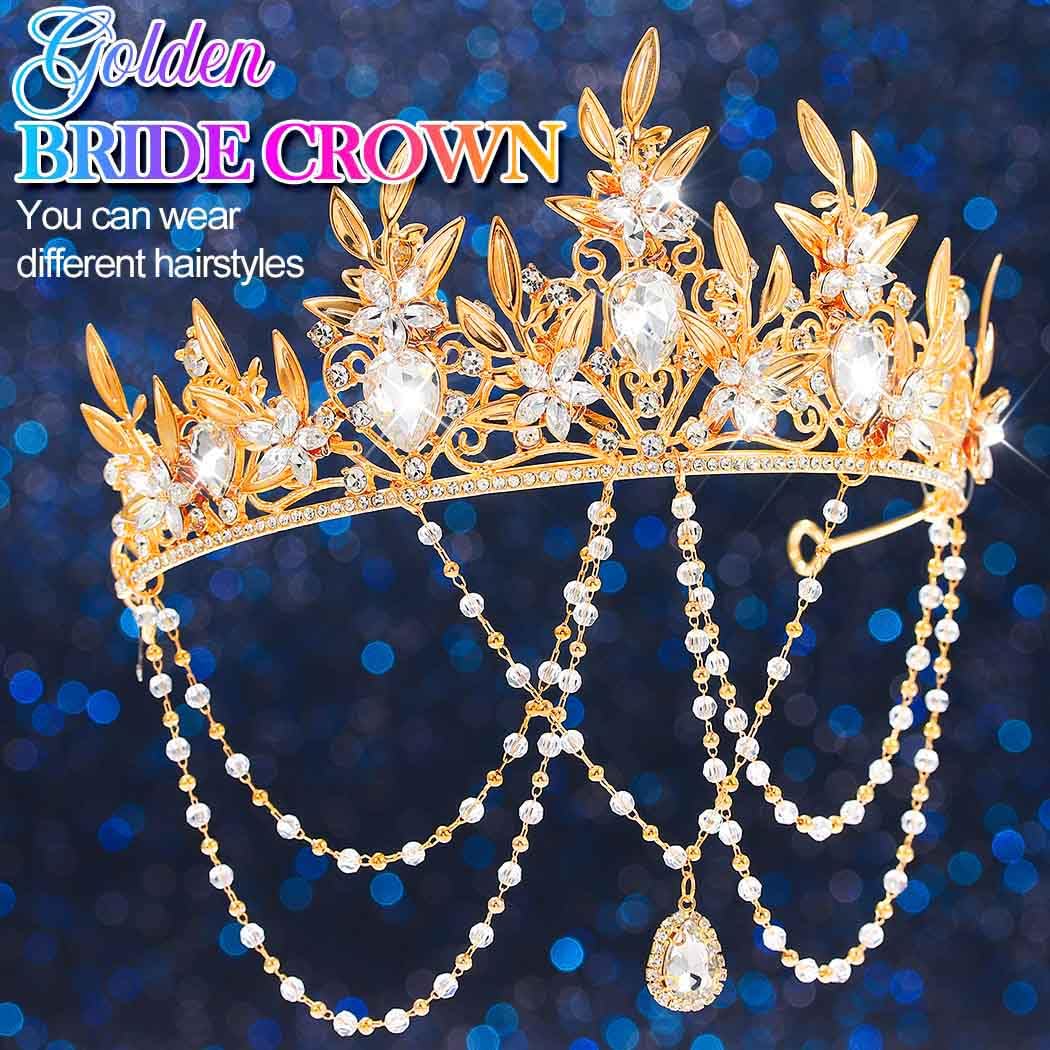 Kilshye Gold Leaf Crowns and Tiaras Crystal Wedding Headpiece Bridal Headband for Women - Image 4