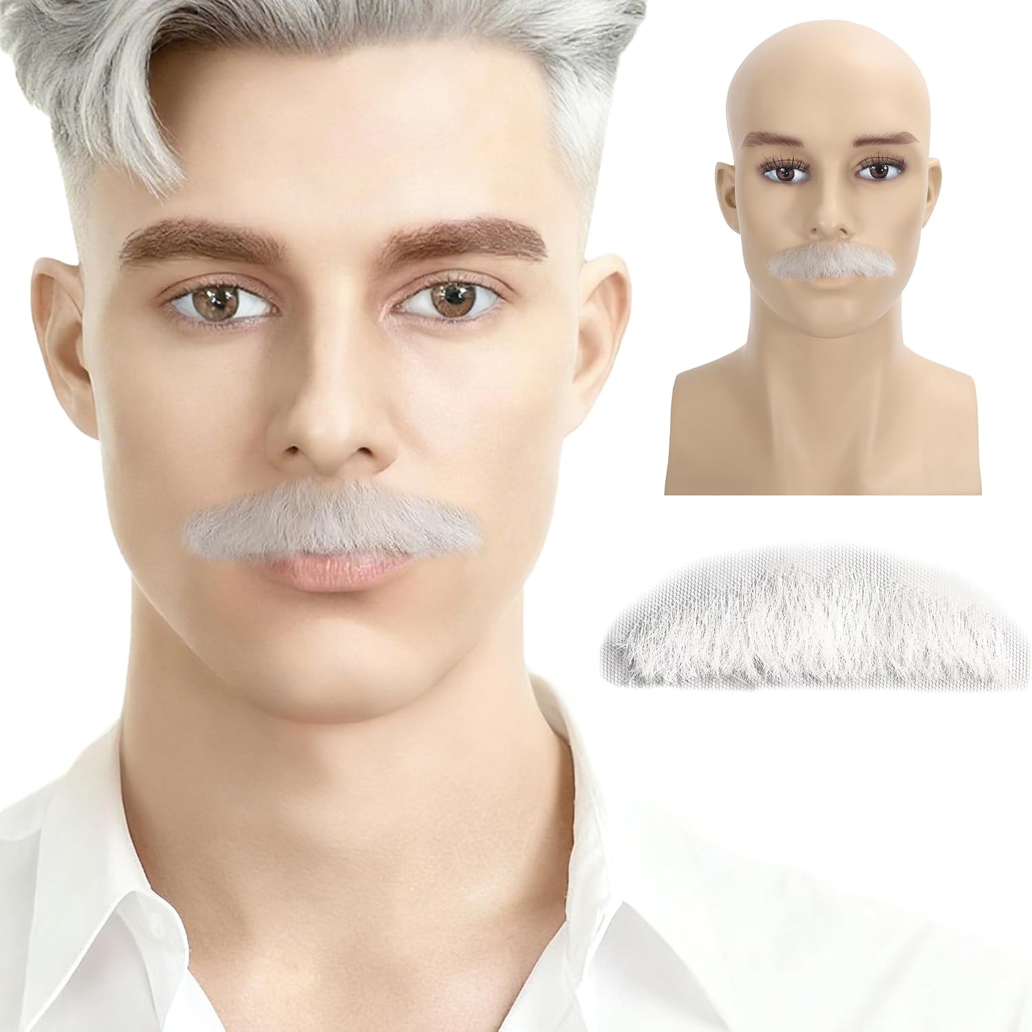 Mens Fake Mustache 100% Synthetic Fiber Hair Hand Knoted Costume Party Funny Cosplay Tin Pencil Realistic Beard (White)