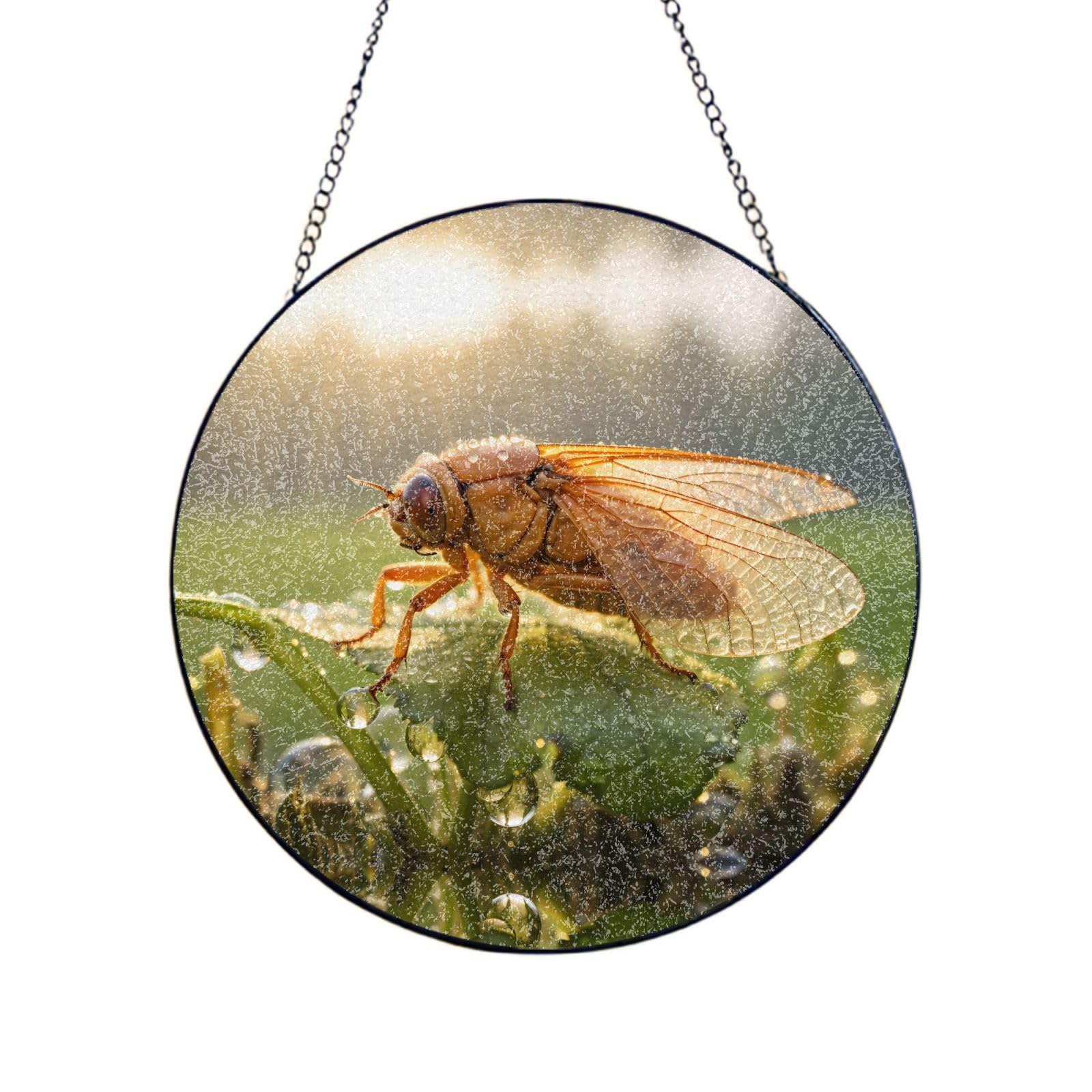 Phayah Dewdrop Cicada Print Stained Glass Window Hanging Suncatcher For Door Terrace Garden Home Decor Sun Catcher Birthday Gifts For Lovers Dad Mom 8in（20cm）