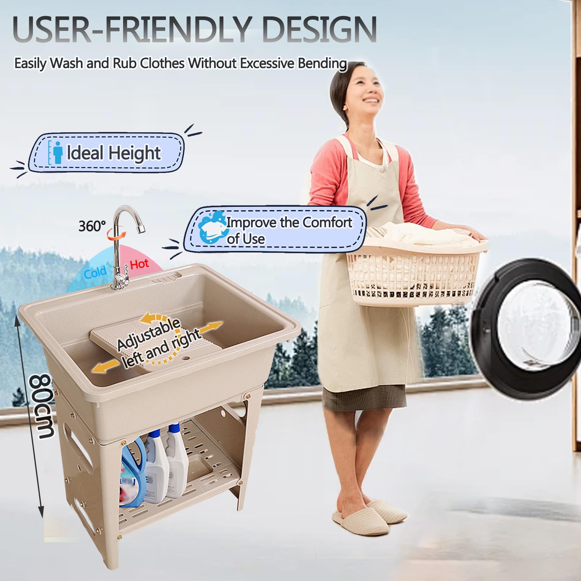 Fregadero Exterior Jardin de Plástico,Fregadero Portatil Camping,Pila de Lavar,Lavabo con Grifo,kit de desagüe,Pica Baño,Lavadero Ropa a Mano,para Interior,Garaje,Restaurante,Lavandería(Coffee color,8