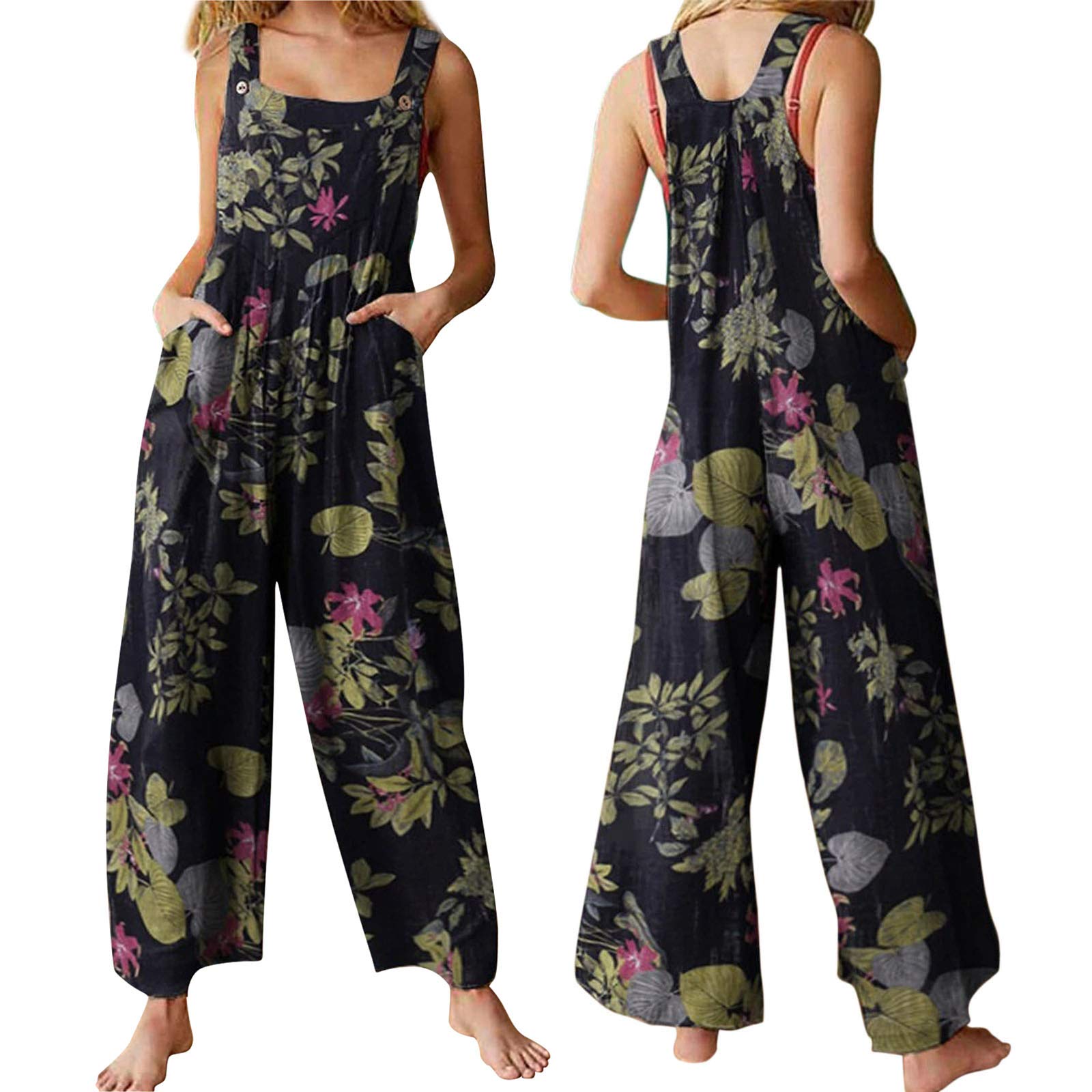 Carolilly Combinaison d'Été sans Manche pour Femme Pantalon Salopette Imprimée avec Poches Jumpsuit Chic et Élégant