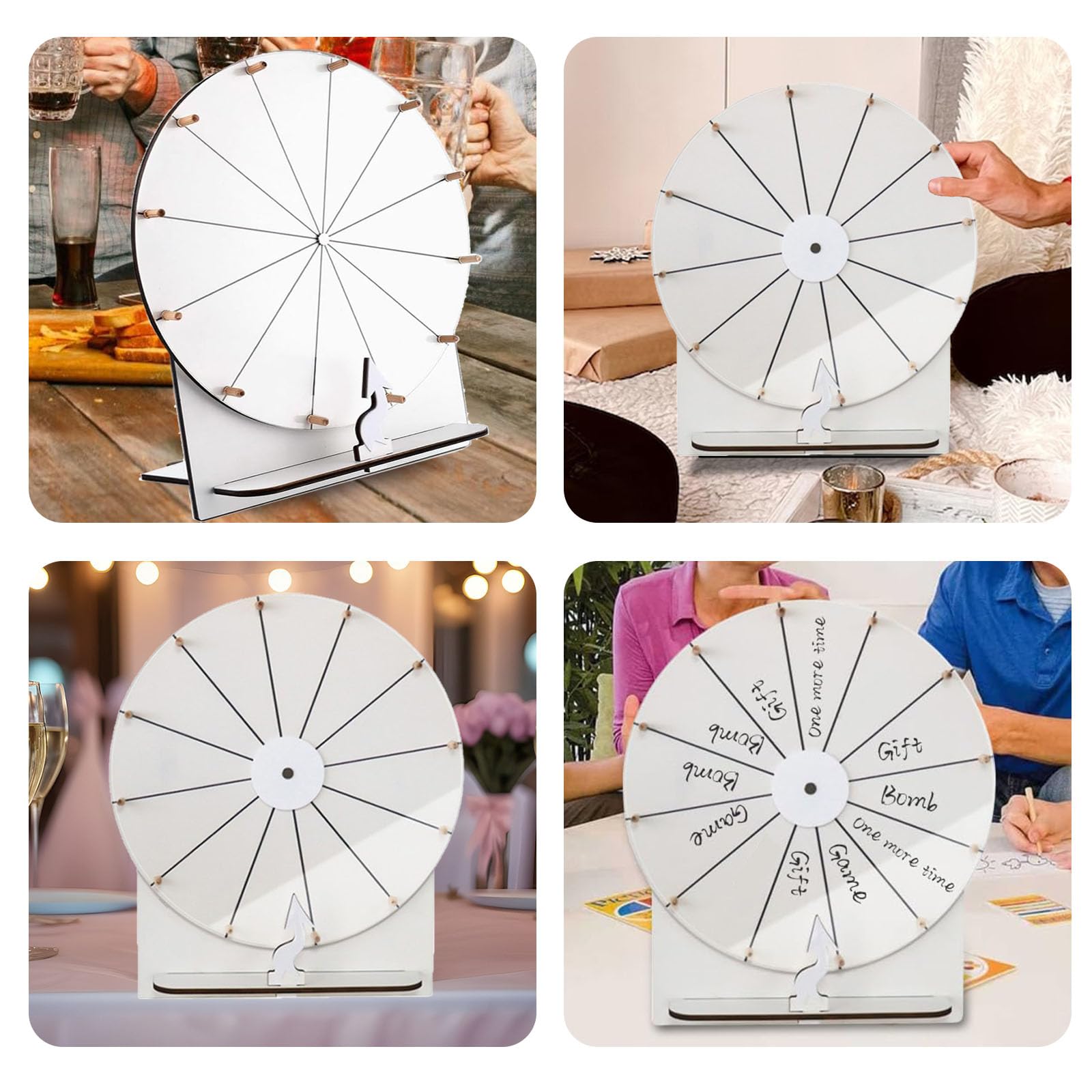 Ruota Portafortuna da Girare, 29 cm Ruota della Fortuna in Legno e Acrilico, 12 Slot Personalizzabile Gioco della Fortuna, DIY Girevole con Pennarello e Cancellino, per Giochi da Tavolo, Bianco