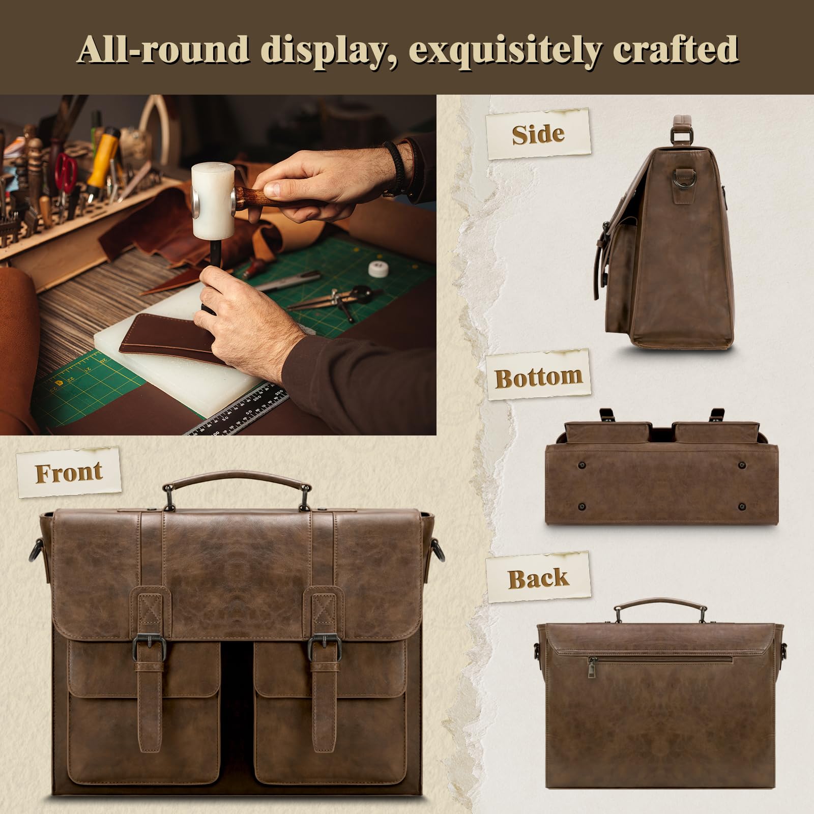 RAINSMORE Aktentasche Herren PU Leder Laptoptasche 15.6 Zoll Messenger Bag Umhängetasche Business Büro DunkelBraun