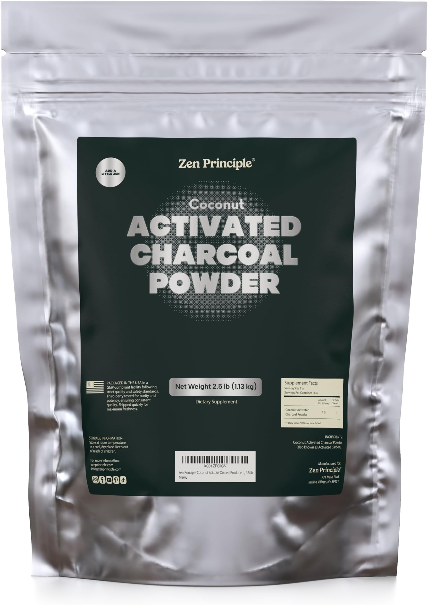 Zen Principle Coconut Activated Charcoal Powder. Whitens Teeth, Rejuvenates Skin and Hair, Supports Better Digestion. USA-Owned Producers, 2.5 lb