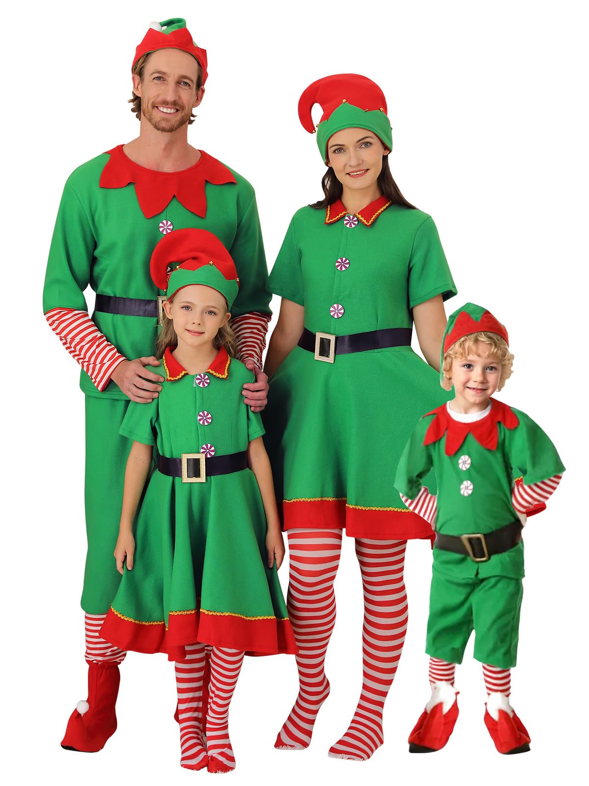 URMAGIC Christmas Elf Costumes Family Matching Green Fancy Dress Elf Outfits for Women Kids Men Adult Xmas Suit