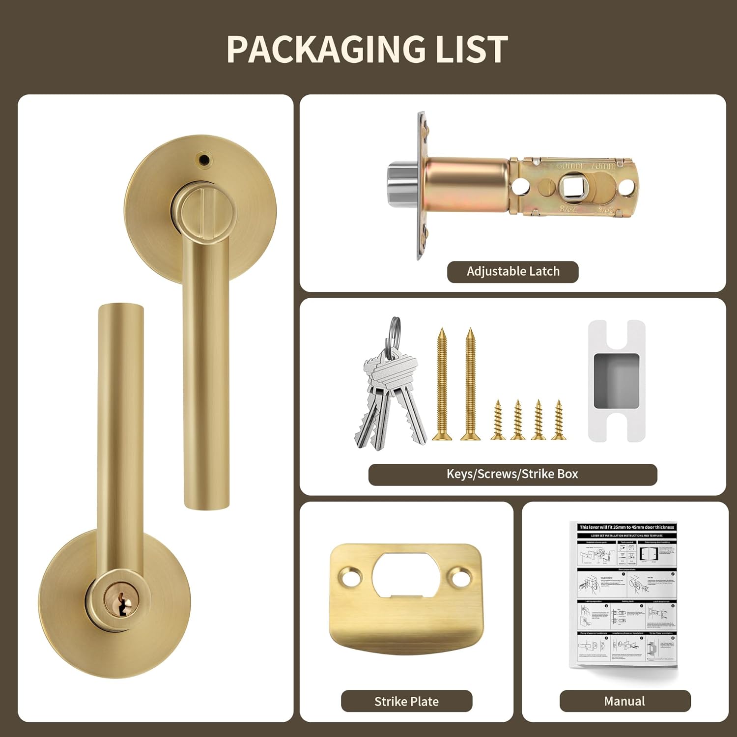 Moquin Gold Door Handle with Lock and Key (Keyed Alike), Heavy Duty Keyed Entry Brushed Gold Door Handles for Bedroom or Front Door, Satin Brass, 5 Pack