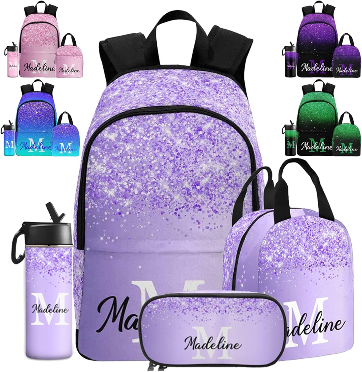 Custom School Backpack for Girls, Personalized Purple Glitter with Butterfly Casual Backpack Schoolbag Customized Girls Lunch Box Bag or Bookbag for Unisex Students Back School Multipurpose Travel Bag