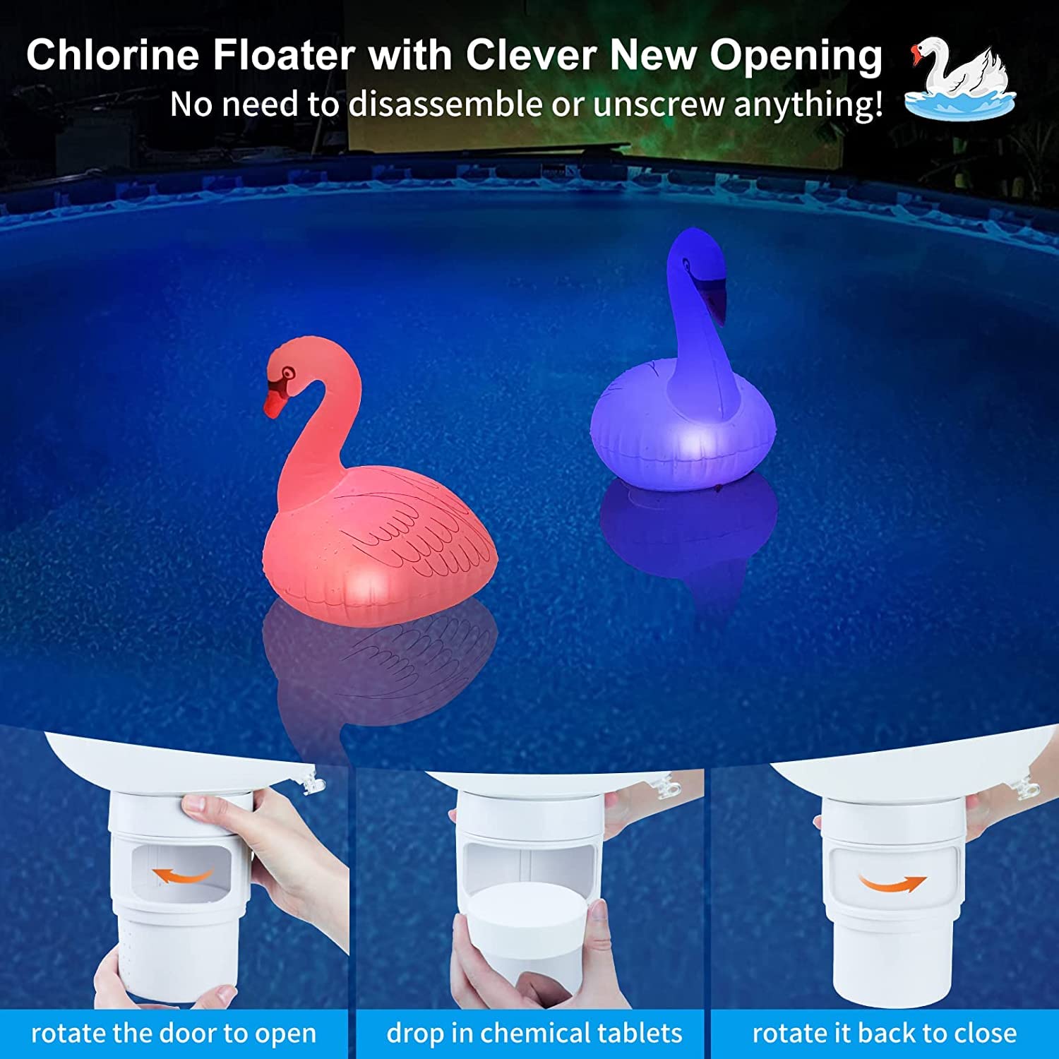 Dispensador Cloro Piscina Flotante, Flotador Cloro para Piscinas con Luz Solar en Cisne Hinchable, Dosificador Cloro Piscina con Abertura Grande, Dispensador de Cloro para SPA