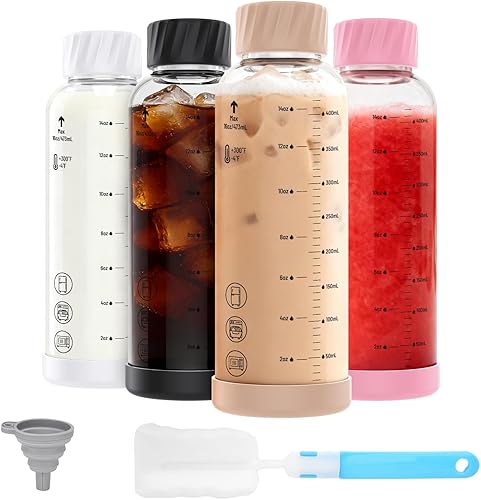 Miniatura 13 de Botellas de vidrio de 12 onzas con tapas, paquete de 4 botellas de agua de vidrio de borosilicato de boca ancha con tapas de acero inoxidable para
