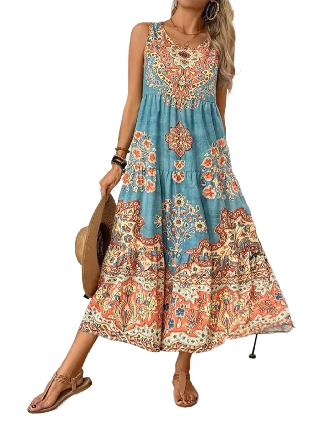 Vestido de Playa con Estampado Verano, Cuello Redondo, sin Mangas, for Mujer, Adecuado for Uso Informal o Vacaciones