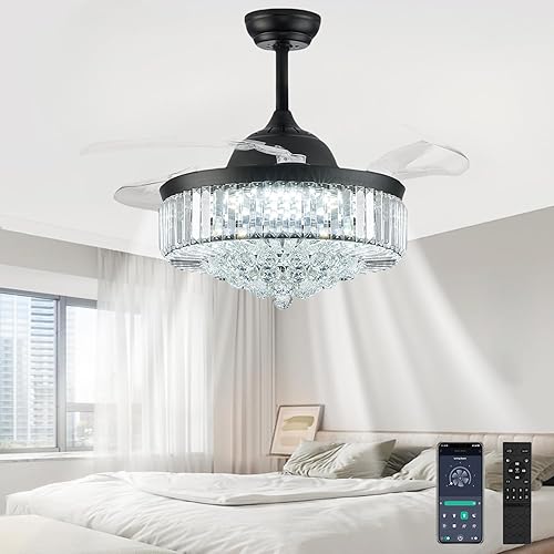 Miniatura 12 de Ventiladores de techo de 42 pulgadas con luz, ventilador de techo de araña, ventilador de techo retráctil de cristal para dormitorio, sala de estar,