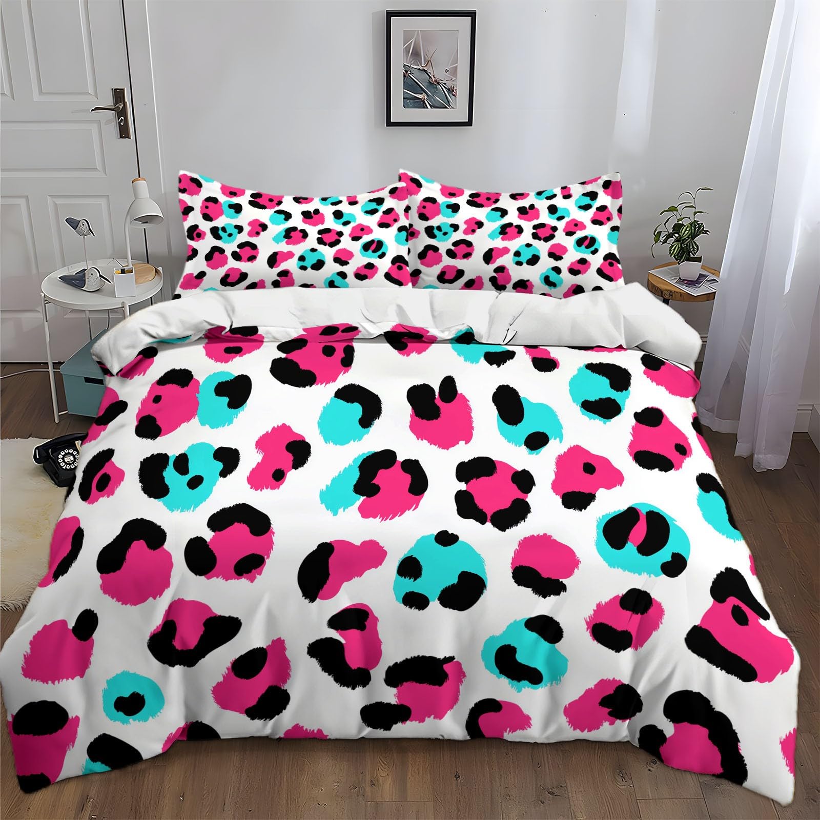 Poszwa na kołdrę 240 x 220 cm Minimalistyczny różowy nadruk w panterkę Biały zestaw pościeli, 3-częściowy z zamkiem błyskawicznym - 2-osobowa pościel dla dorosłych z 2 poszewkami na poduszki