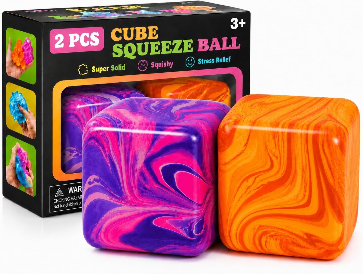 2 Pack Squishy Cube Stress Relief Squeeze Cube, Soft Squishy Cube for Adults, Colorful Marble Gel-Look Hand Fidget, Tactile Desk Accessory for Office Home Relaxation, Purple Orange A2
