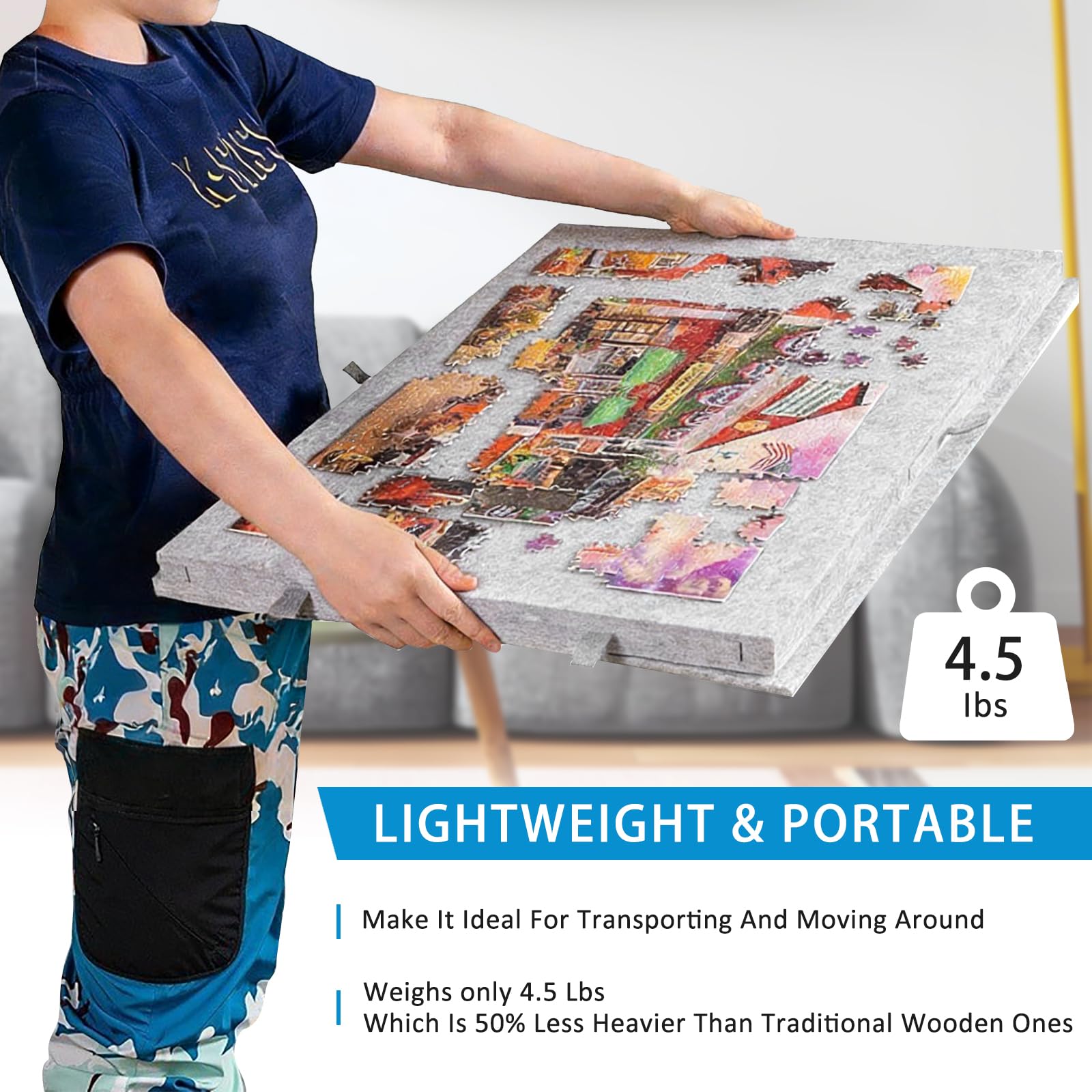 Tavolo per Puzzle Inclinabile con 6 Cassetti e Copertura - Tavola Leggera in Feltro per Fino a 1000 Pezzi - Con Supporto 2-in-1 e Maniglia da Trasporto - Ideale per Adulti e Appassionati di Puzzle - 5