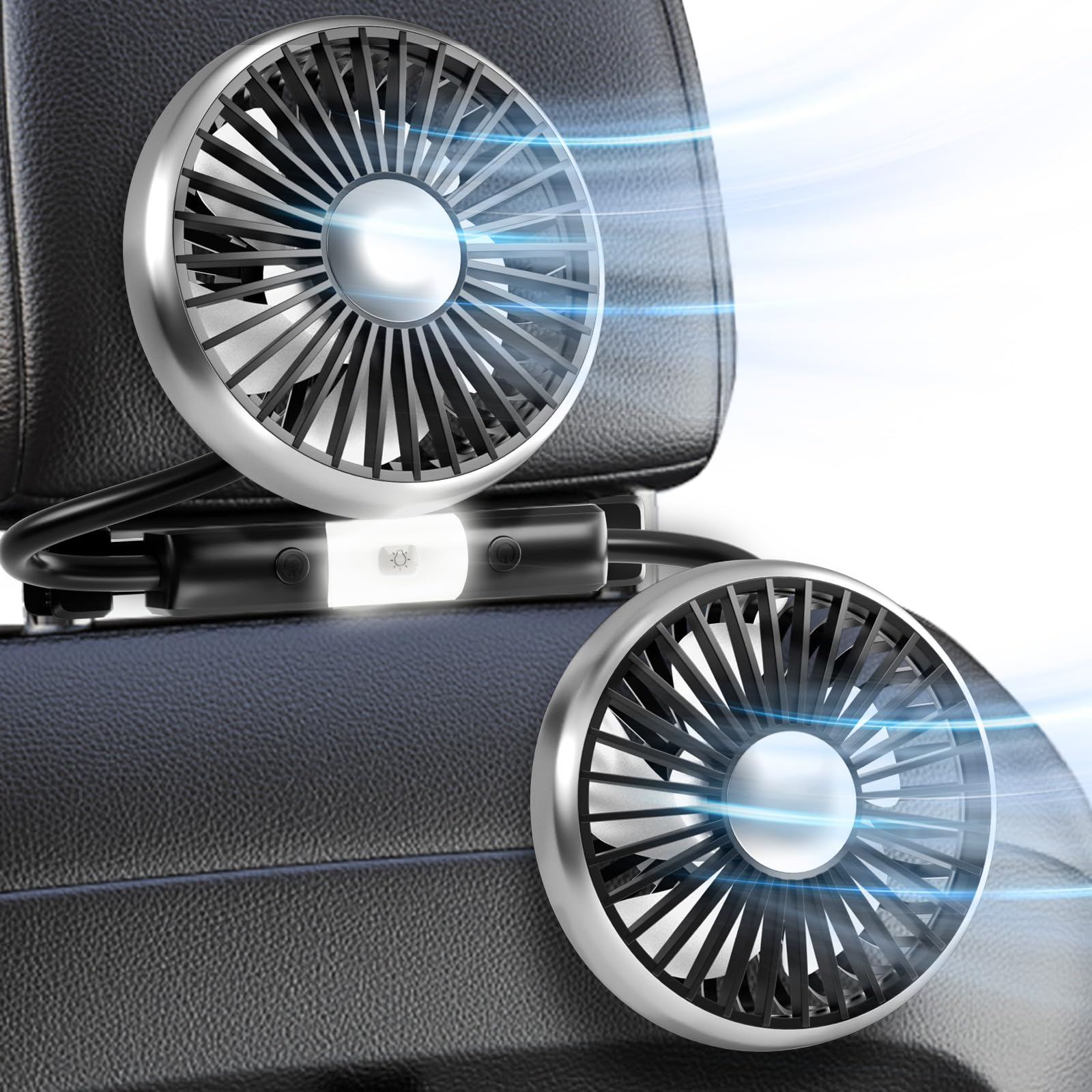 【2025年夏新登場】Dealswin 車 扇風機 車用電動ファン 車用扇風機 双頭車載ファン 電動ファン低騒音 後部座席用 ライト付き 3段階風量 低騒音 360°角度調整可能 車中泊対策 カーファン 車せんぷうき 取付簡単 長配線 USB給電 熱中症対策 配線延長 取付簡単