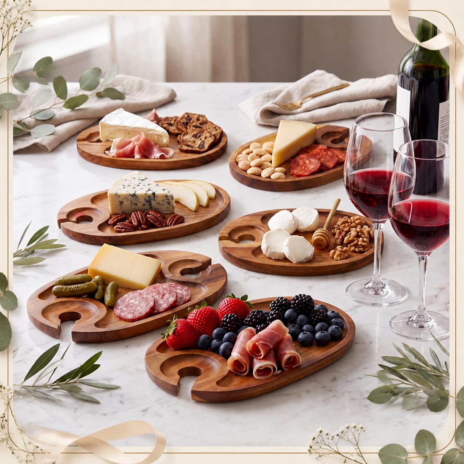 6 Set Wine Appetizer Plate with Wine Glass Holder Wooden Mini