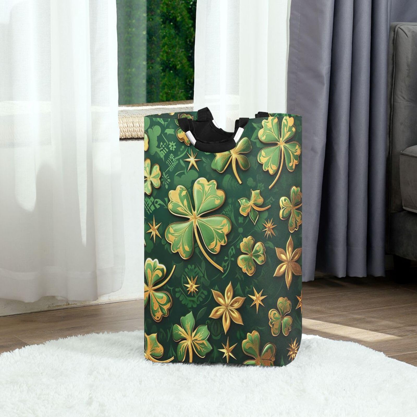 Jihqo Laundry Hamper Basket St Patrick's Clover Pattern Collapsible Nursery Storage Bin Waterproof Clothing Baskets for Home Bedroom Bathroom Washing Room