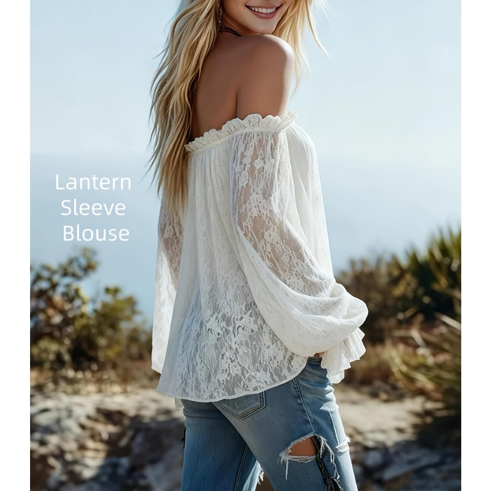 Blusa Bohemia de Encaje con Hombros Descubiertos para Mujer – Transparente, Estilo Western, con Mangas de Volantes de Crochet, Ideal para Vacaciones de Verano y conciertos