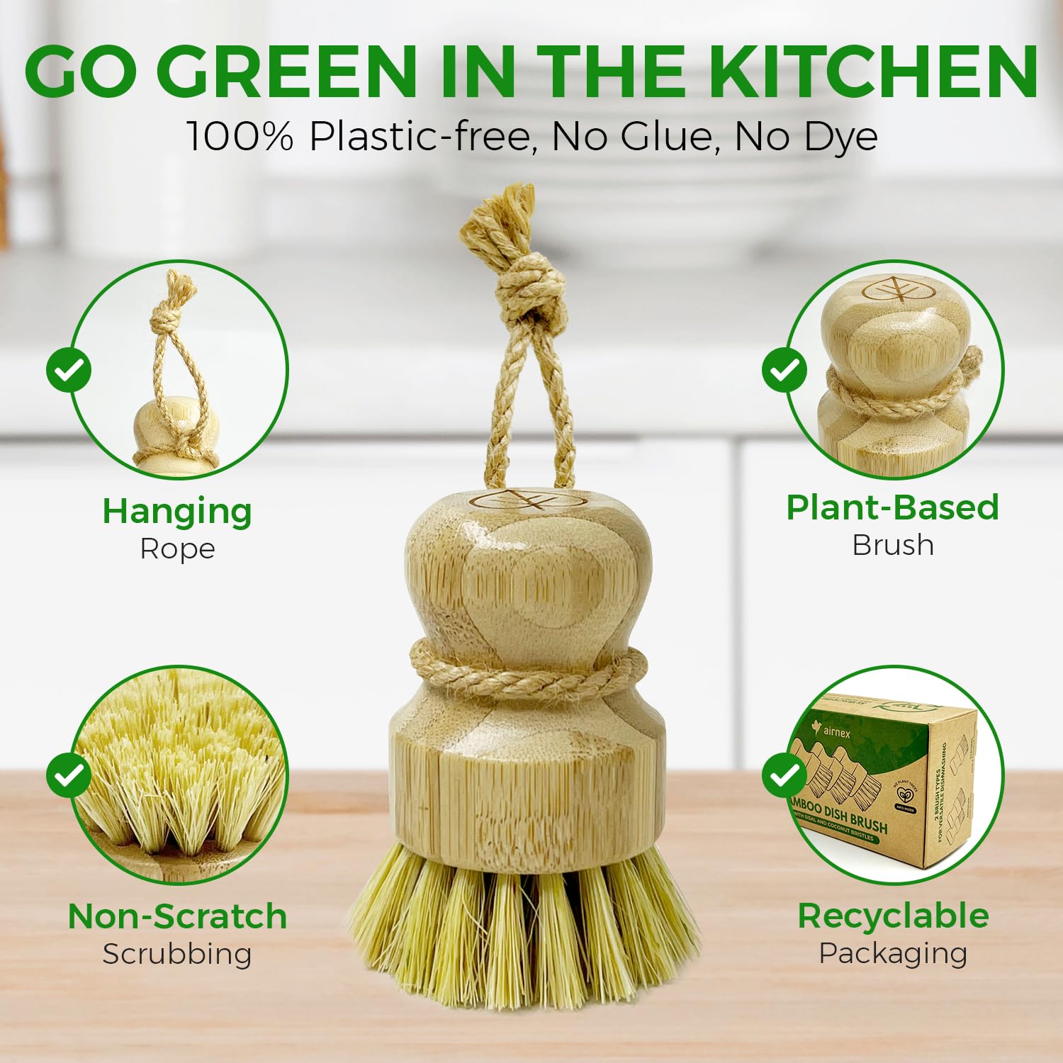 AIRNEX Set di 3 spazzole per piatti in bambù, 100% senza plastica, con sisal medio rigido e forte miscela di setole di cocco, antigraffio, inodore per legno, per pentole, padelle e verdure