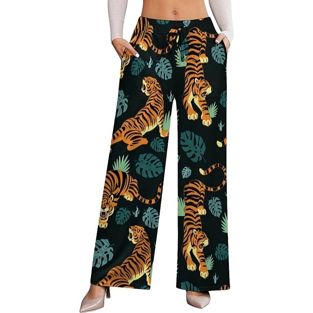Roaring Tigers on Leaves Stretch High-Waisted Wide-Leg Pants Womens Versatile Casual WearXL