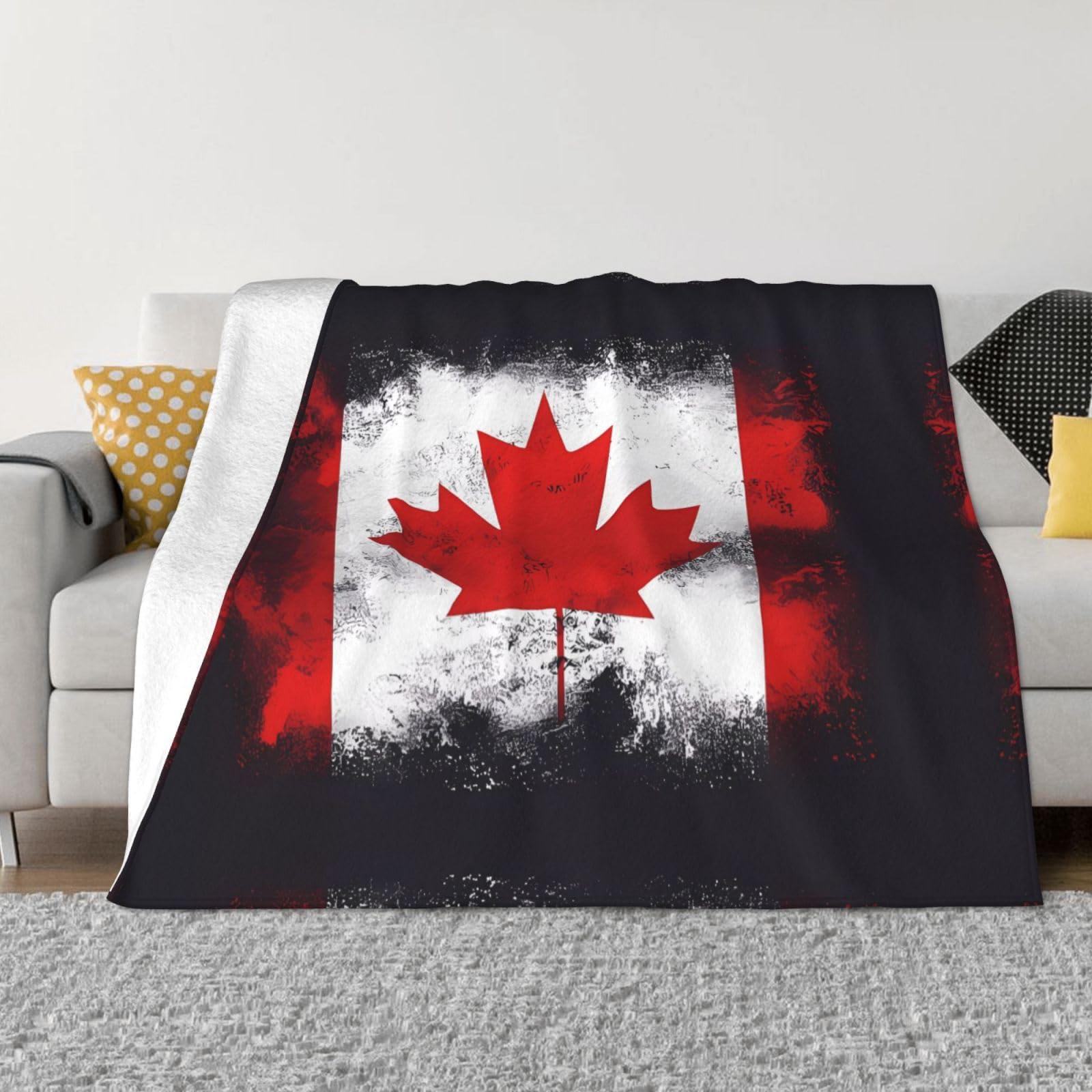 Canadian Flag Printed Cozy Flannel Blanket - Soft Sofa Throw - Anti-Pil Couch Blanket - Warm Winter Bedding 60"x50"