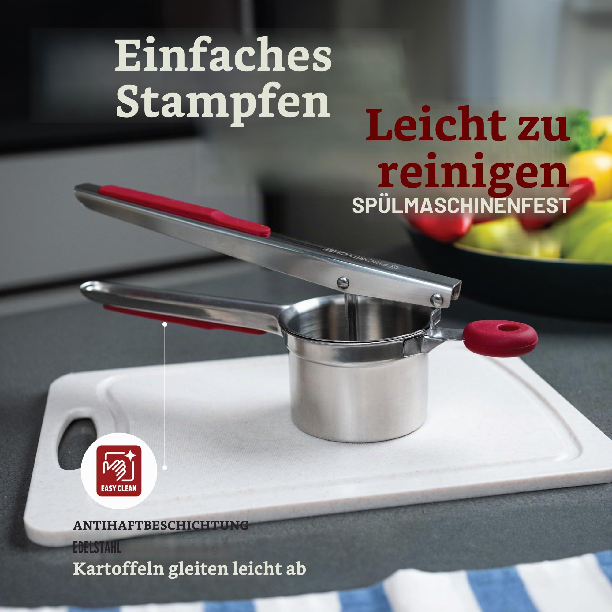PriorityChef Große Kartoffelpresse mit 3 Scheiben, robuste Edelstahl-Kartoffelpresse für Kartoffelpüree, Kartoffelstampfer, Presse und Presse, Küchenwerkzeug, Rot