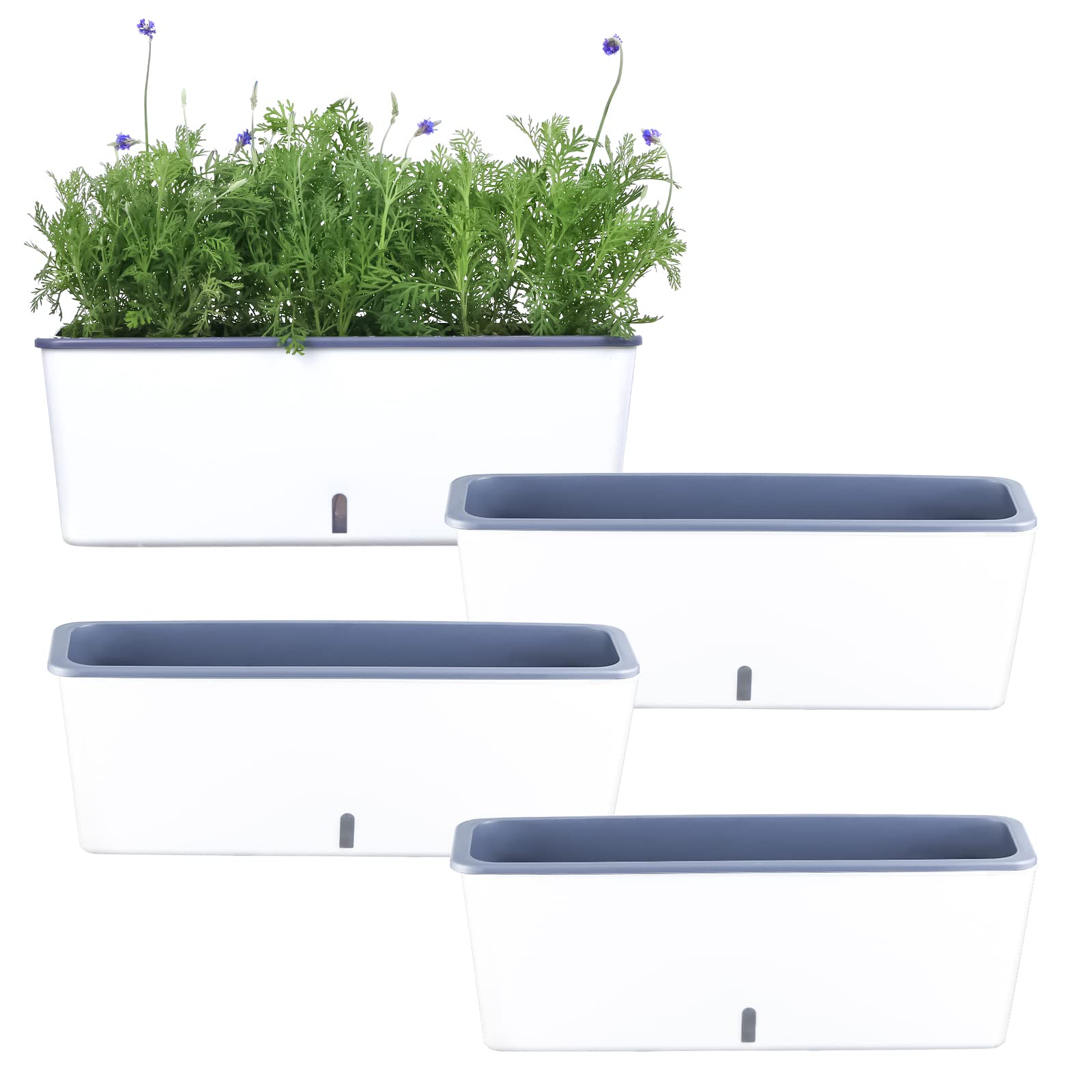 Rechteckiger Übertopf, 43.2x11.4 cm, selbstwässernder Übertopf, Fensterbank, Pflanzgefäß, für den Innenbereich, rechteckig, selbstbewässernde Töpfe, weißer Blumentopf für den Innenbereich, 4 Stück