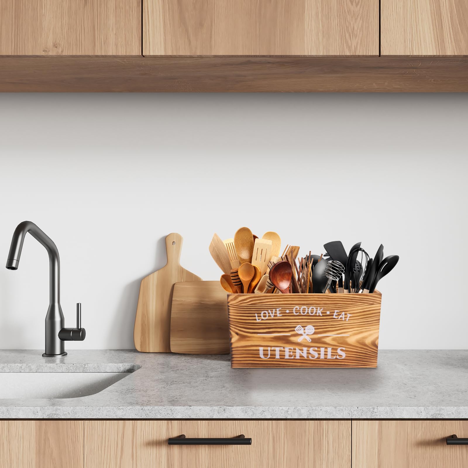 küchenutensilienhalter, Holz kochlöffelhalter, Kitchen Organizer,Utensilien-Organizer für Arbeitsplatte,Küchengeschirr Rack mit Drei Fächern,Kochwerkzeuge für Bauernhäuser für Arbeitsplatten organizer