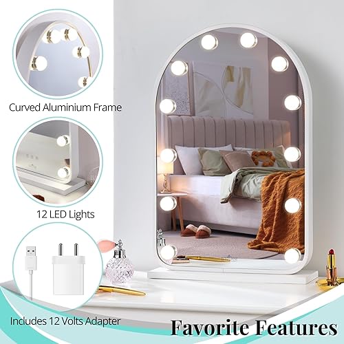 Miniatura 9 de LUXFURNI Espejo de tocador con luces espejo de maquillaje para dormitorio espejo grande iluminado Hollywood con 12 bombillas regulables control