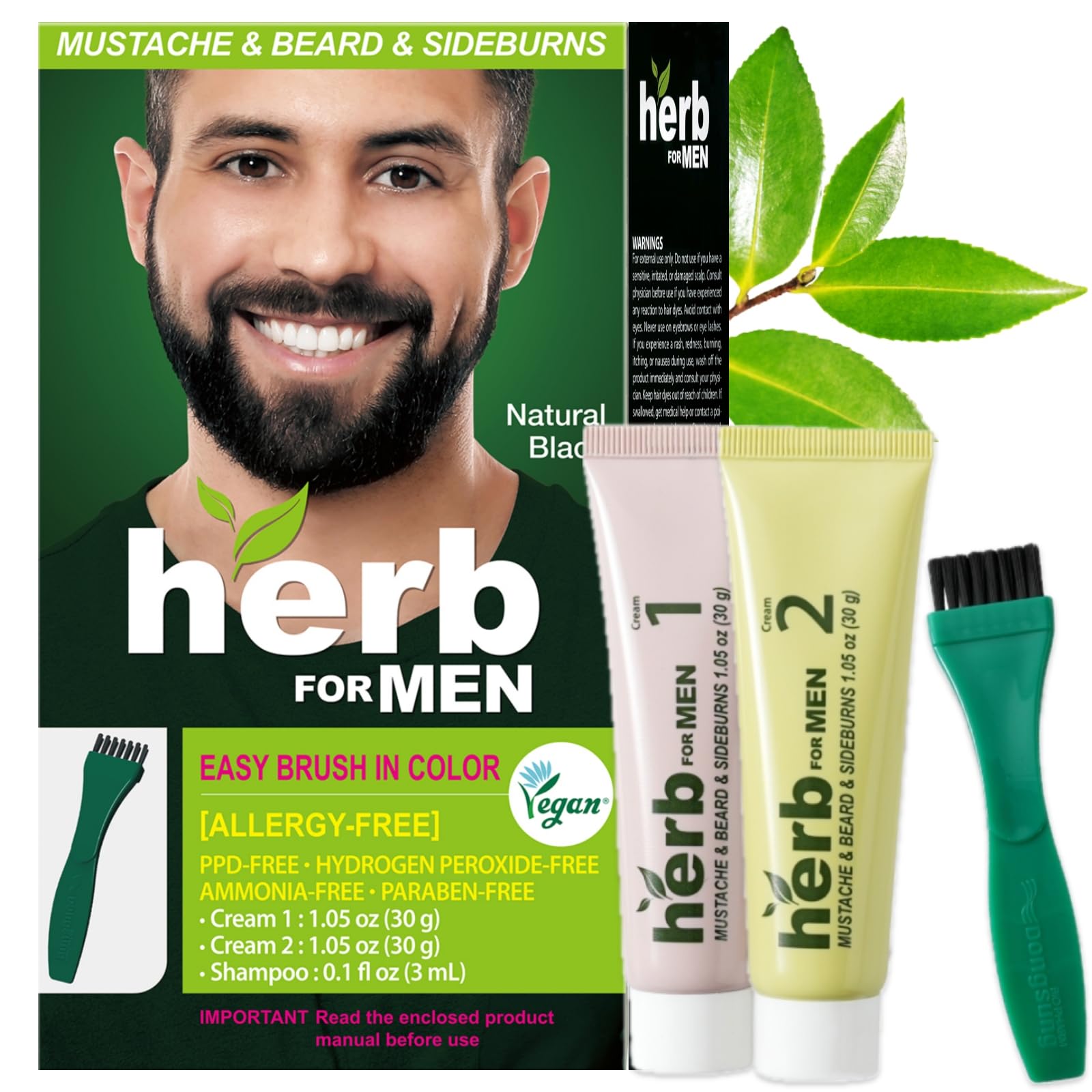 Herb For Men Mustache & Beard Dye (Nature Black, 1 Pack), PPD-Free Ammonia-Free, Vegan with Natural Ingredients, Odorless, Gentle for Sensitive Skin, No Skin Irritation