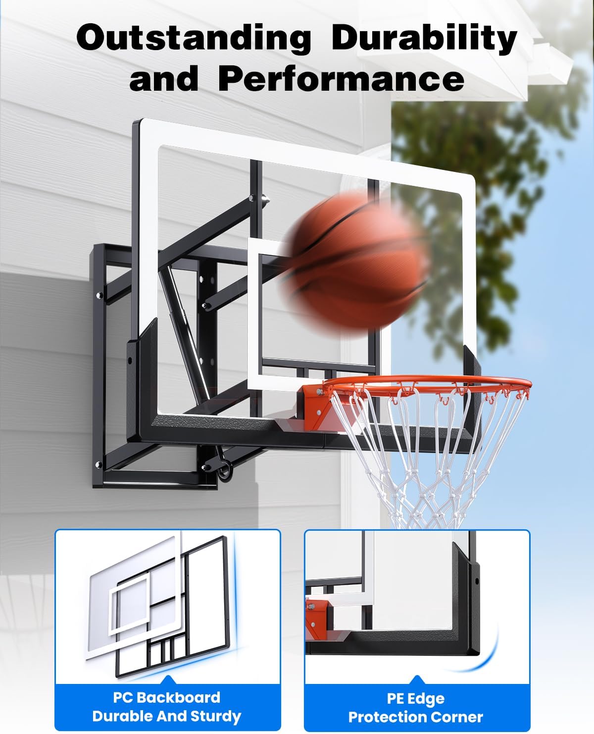 45'' Wall Mounted Basketball Hoop with Shatterproof Backboard, Wall Mount Basketball Goal with Adjustable Height for Garage, Indoor & Outdoor Use