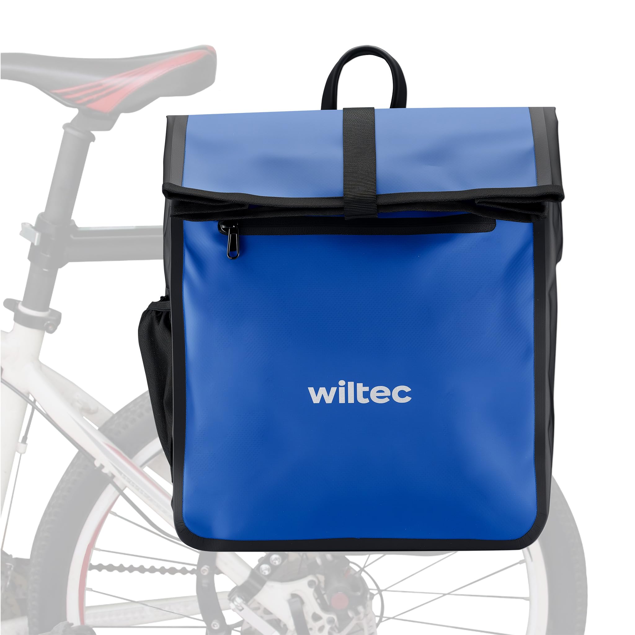 WilTec Pannier Bag, Blue Bike Bag Made of Water-Resistant and Durable PVC Material, Easy to Attach and Fits Most Bike Pannier Racks, 22-Litre Capactiy for Ample Storage Space