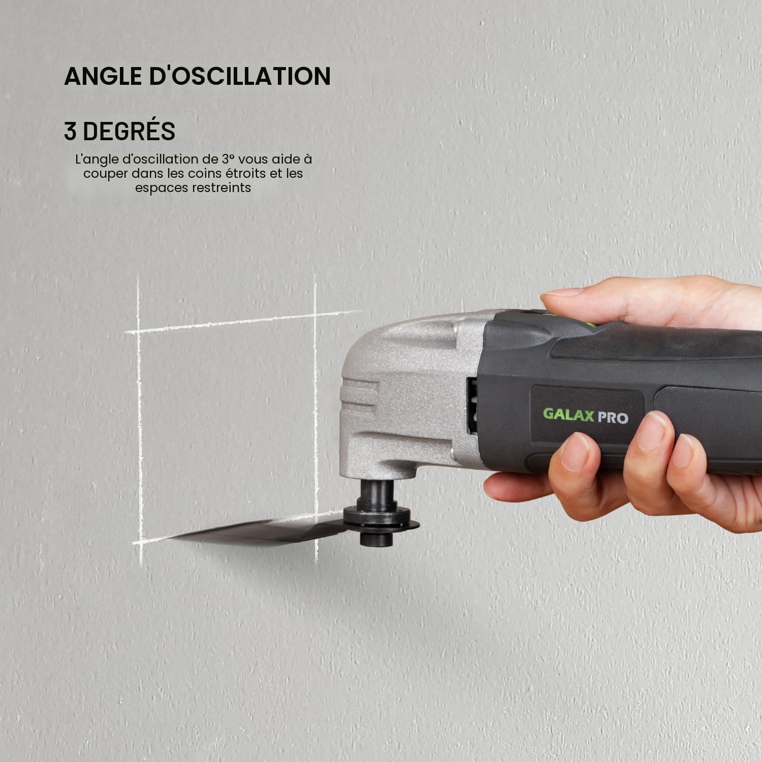 Outil oscillant GALAX PRO 180W, 22000 OPM, angle d'oscillation de 3 degrés, 3 lames de scie, 1 plateau de ponçage semi-circulaire, 6 feuilles de papier abrasif pour le ponçage et le meulage