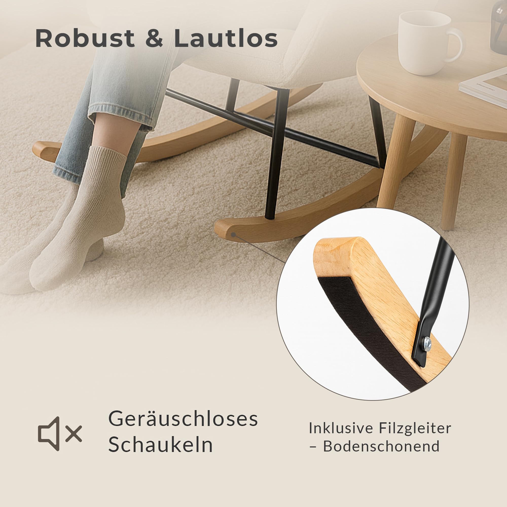 Allyson Schaukelstuhl Weiß – Flauschiger Relaxsessel & Lesesessel mit Holz-Armlehnen – Moderner Stillsessel für Wohnzimmer, Balkon & Indoor - Weiß