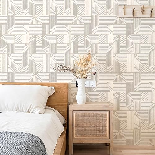 Miniatura 3 de Papel tapiz moderno para despegar y pegar, papel de contacto bohemio para armarios, cajones, rayas beige y blancas, papel tapiz geométrico